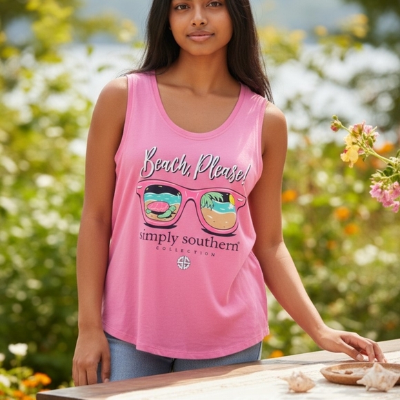 Simply Southern Tops - Simply Southern Beach Please Graphic Tank Pink Sunglasses Turtle Boho Relax S